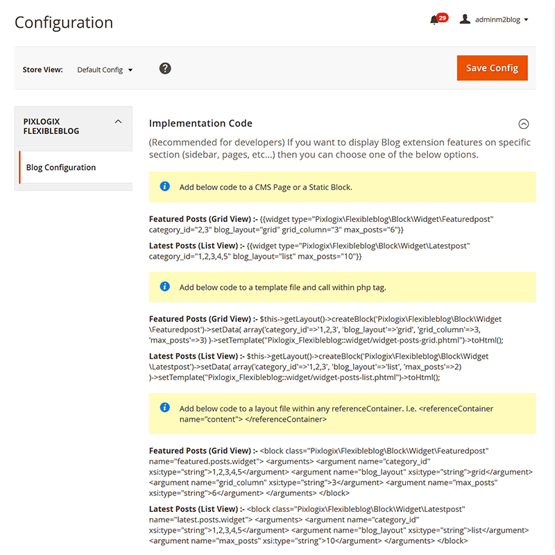 Blog Configuration - Implementation Code