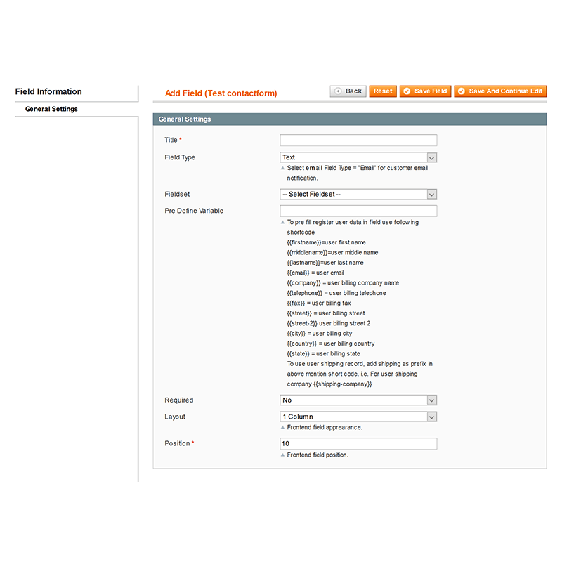 Backend Form Edit - Fields Edit Form