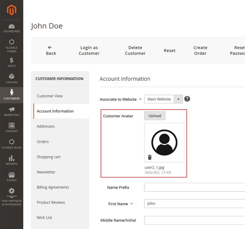 Upload and delete customer avatar to the admin customer edit page