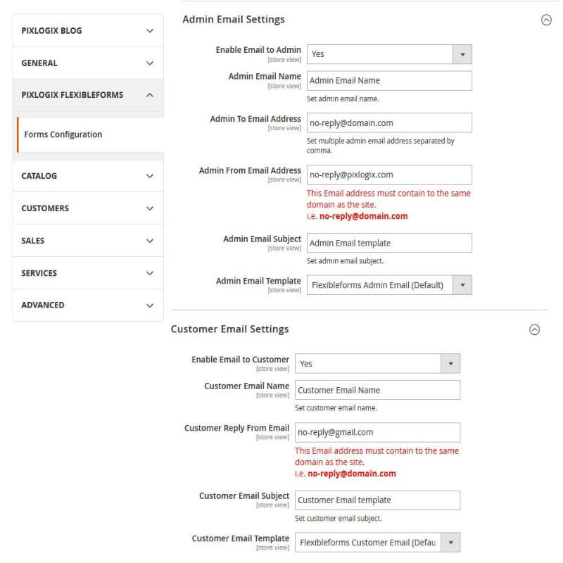 Backend Admin and Customer Email Settings
