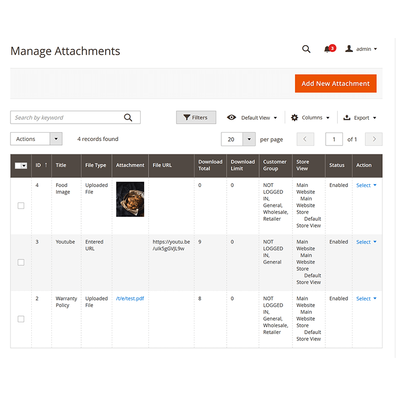 Manage Product Attachments Admin Grid