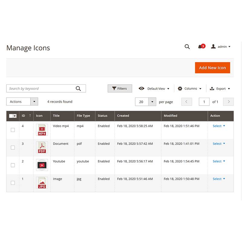 Manage Icons Admin Grid