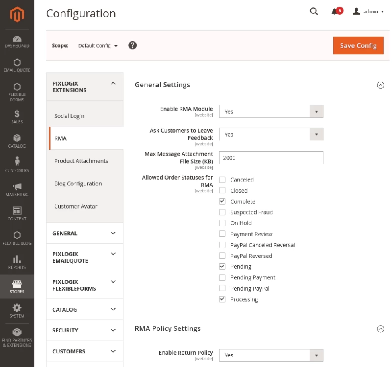 RMA Admin Settings