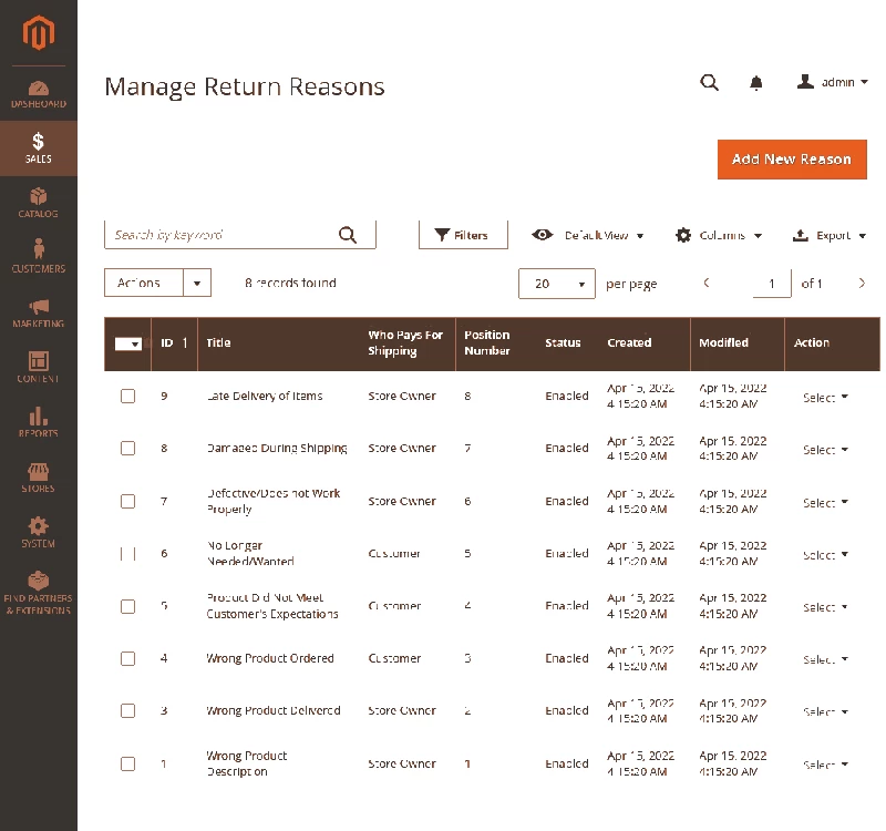 RMA > Admin > Manage Return Reasons