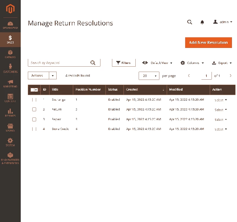 RMA > Admin > Manage Return Resolutions
