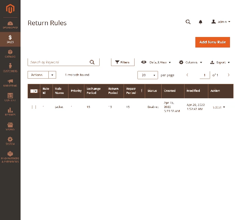 RMA > Admin > Manage Return Rules