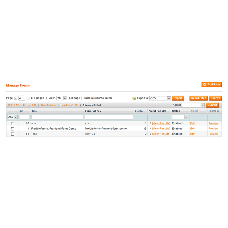 Backend Manage Forms Grid