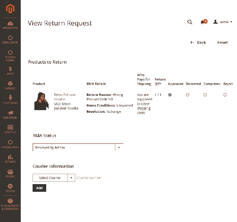 RMA > Admin > Manage Return Requests > View Return > Return Items