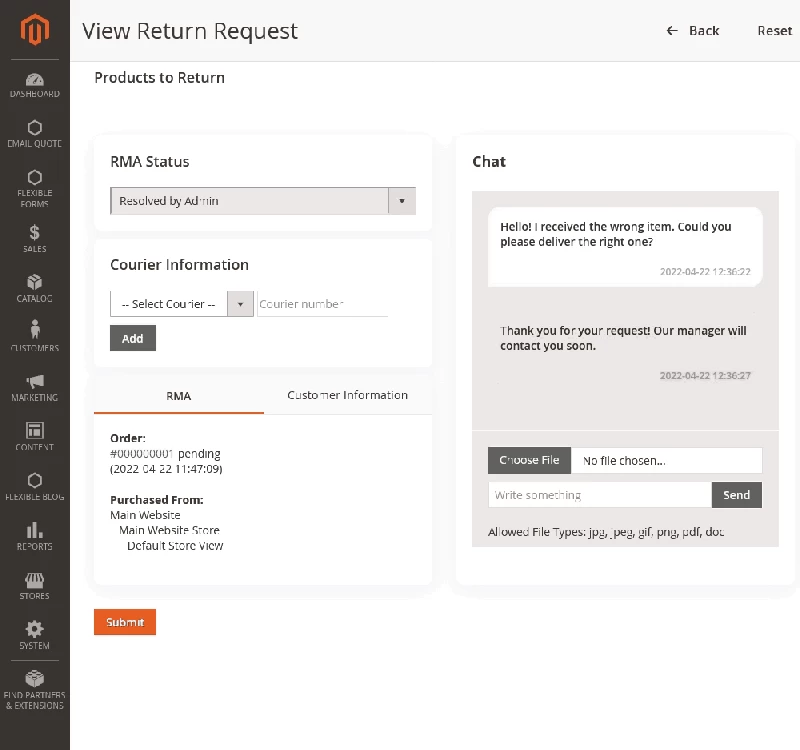 RMA > Admin > Manage Return Requests > View Return > More Information