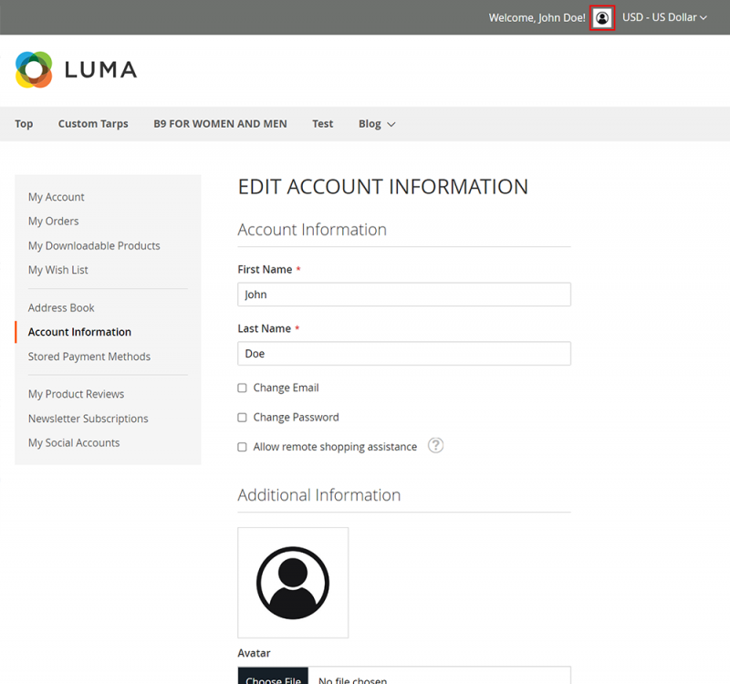 Display customer avatar to the top header links section with welcome message