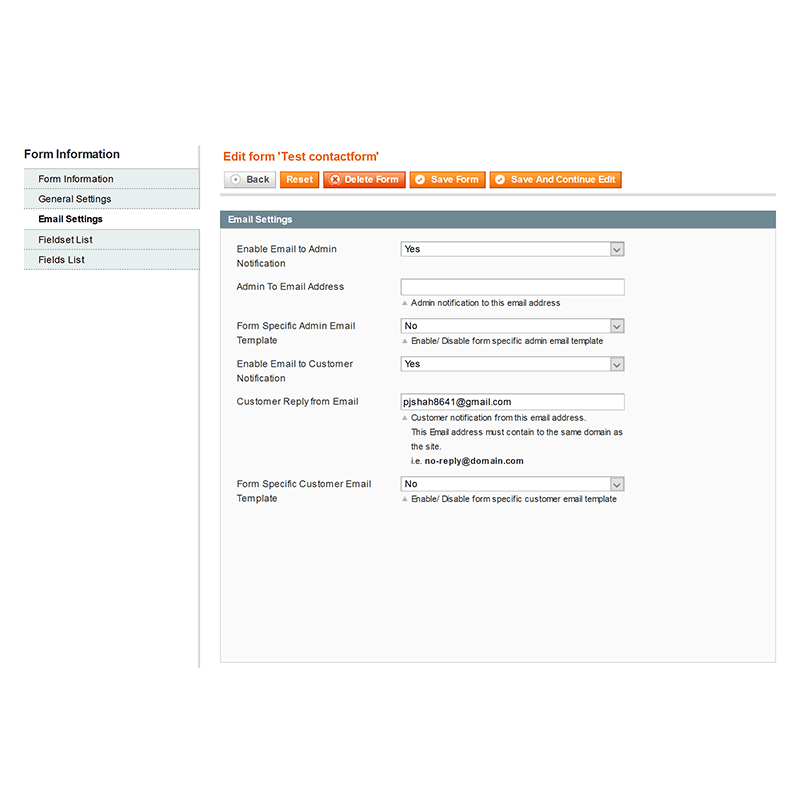 Backend Form Edit - Email Setting Tab