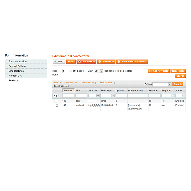Backend Form Edit - Fields Grid Tab