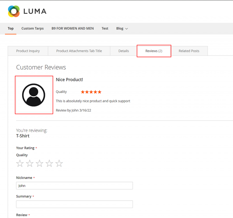 Display customer avatar to the reviews tab on a product page