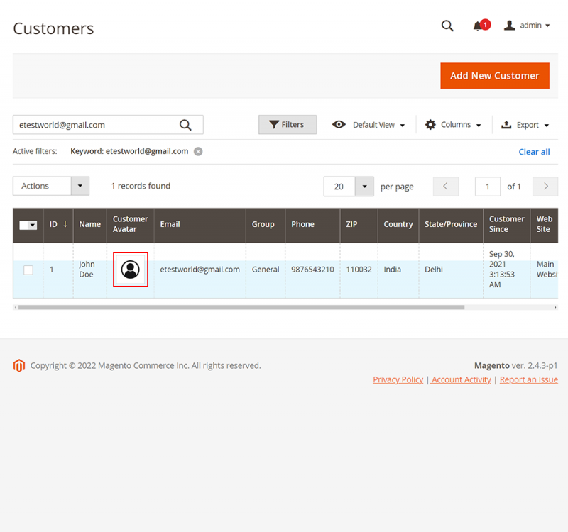Display customer avatar to the admin customer grid page