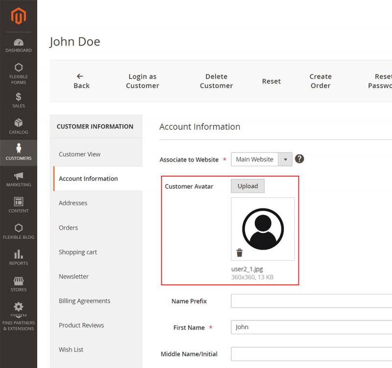 Upload and delete customer avatar to the admin customer edit page
