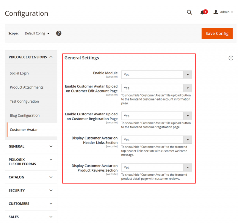 System configuration page