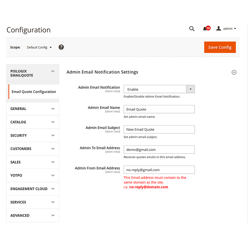 Admin Email Notification Settings