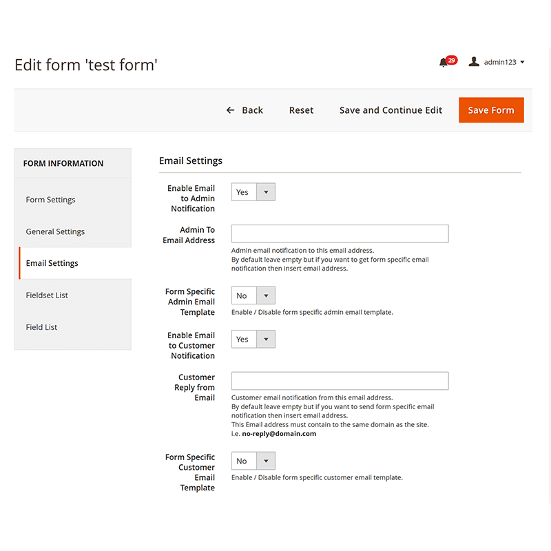 Backend Form Edit - Email Settings Tab