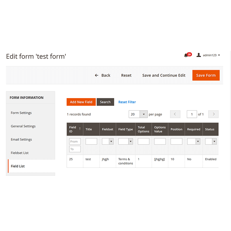 Backend Form Edit - Field Settings Tab