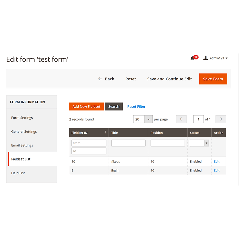 Backend Form Edit - Fieldset List Tab