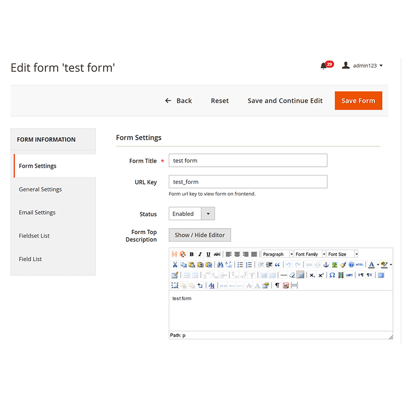 Backend Form Edit - Form Settings Tab