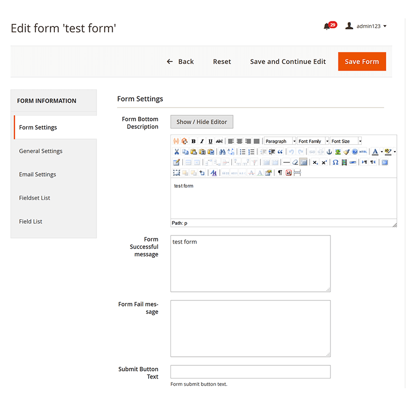 Backend Form Edit - Form Settings Tab