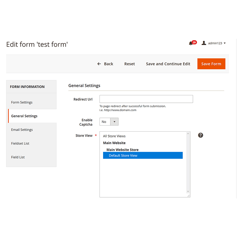 Backend Form Edit - General Settings Tab