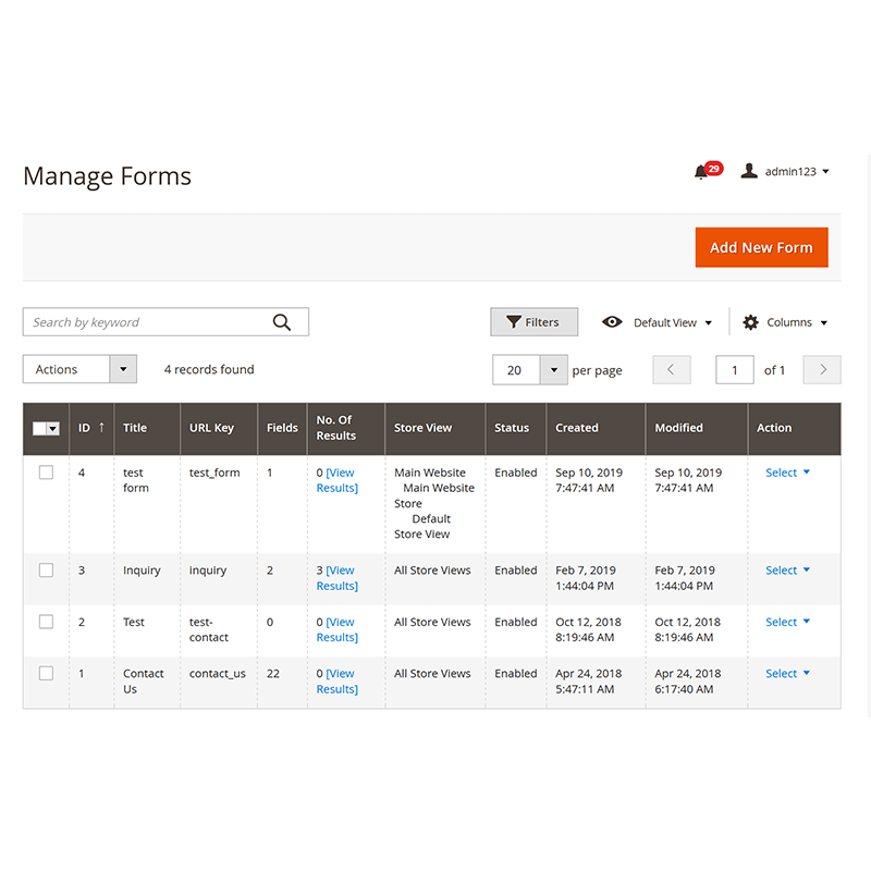 Backend Manage Forms Grid