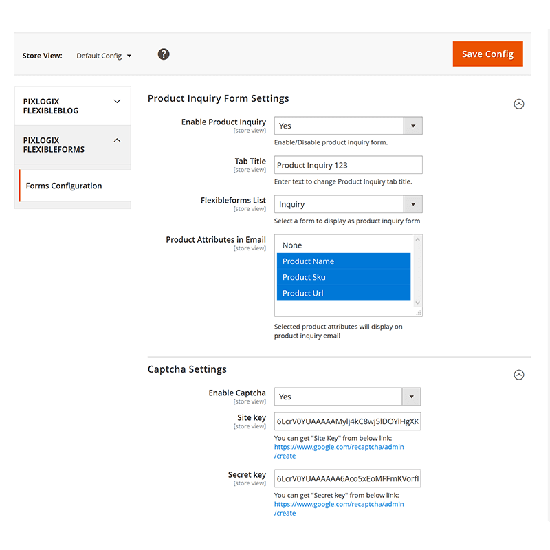 Backend Product Inquiry and Captcha Settings