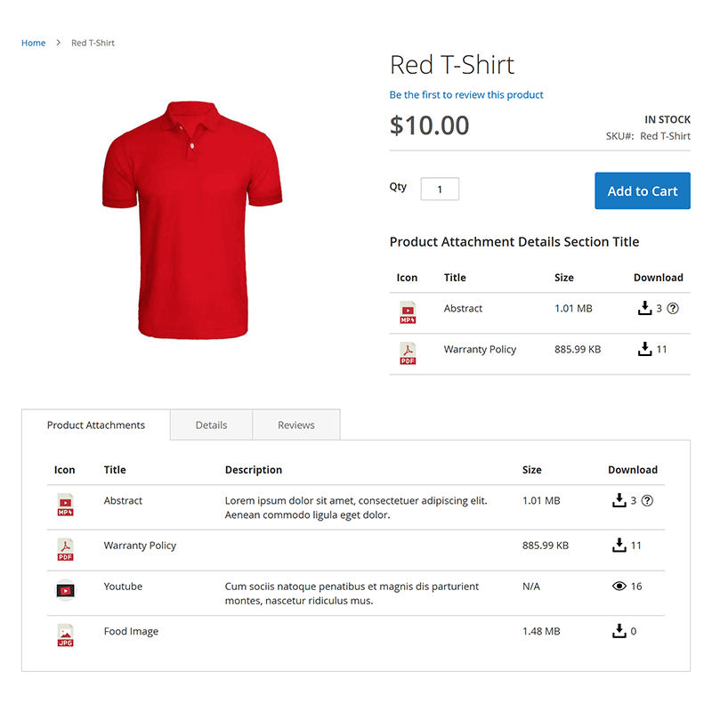 Product Attachments Column/Table View Tab