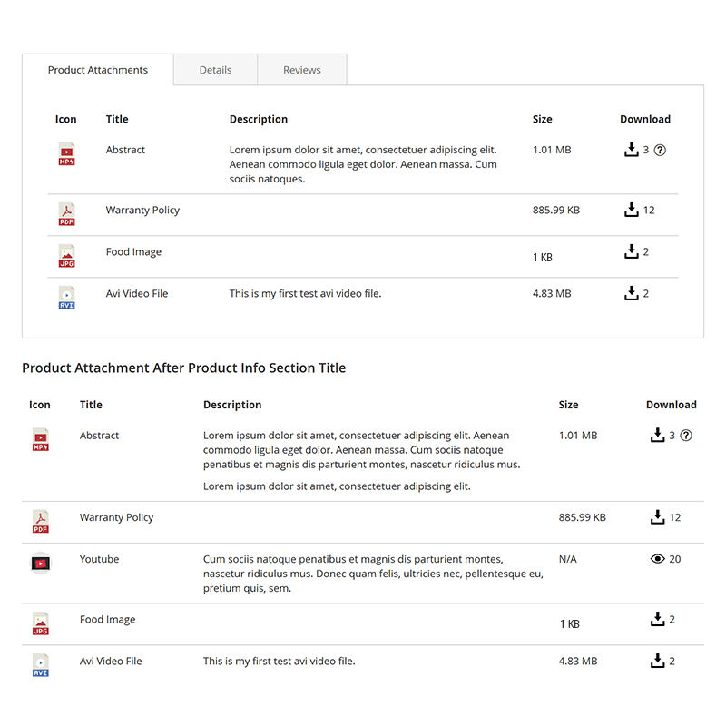 Product Attachments Column/Table View Section